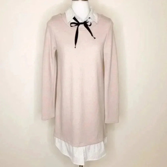 JOA Dress Tan Layered Sweater Long Sleeve Shirt Shift Oxford Collar Size Medium - Picture 2 of 6